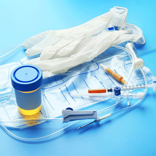Continence Assessment equipment including urine collection bag, gloves, and syringe used for continence care support in Melbourne.